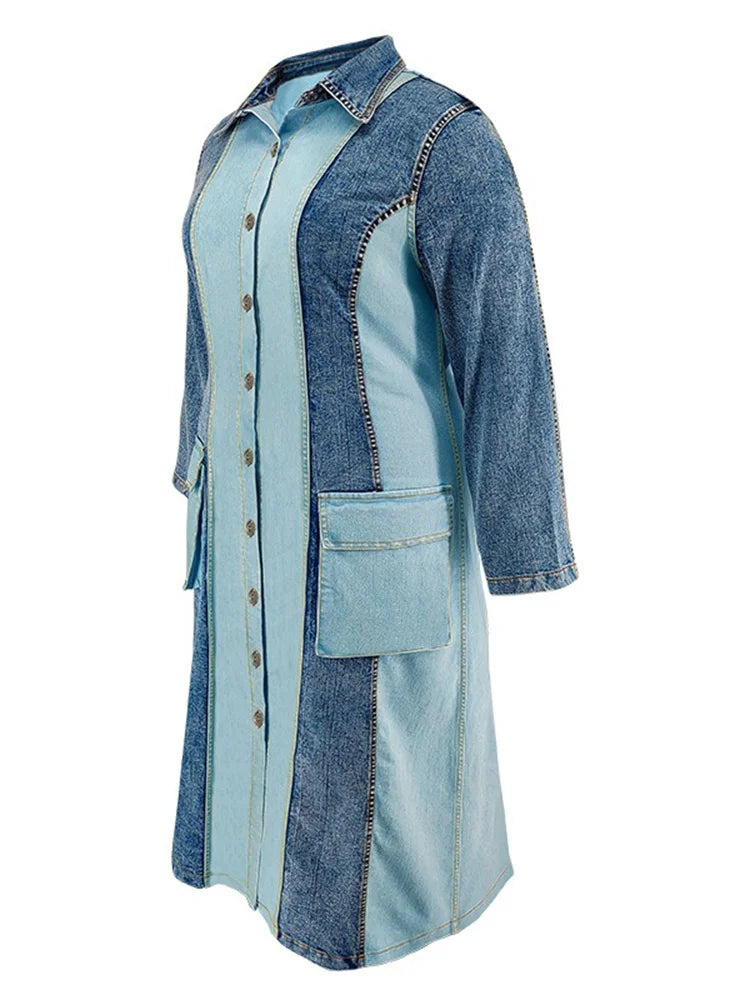 Wmstar Plus Size Denim Dresses Women Long Sleeve Casual Button Pockets Striped Maxi Dress Fall Clothes Wholesale Dropshipping