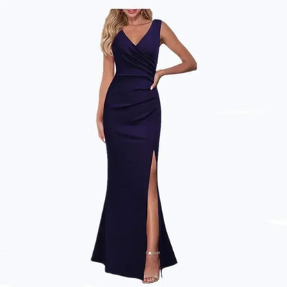 Women's V-neck Sleeveless Maxi Dress Summer Party Dance Slim Side Slit Evening Dress Sexy Backless Elegant Long Dress Partywear Dark Blue