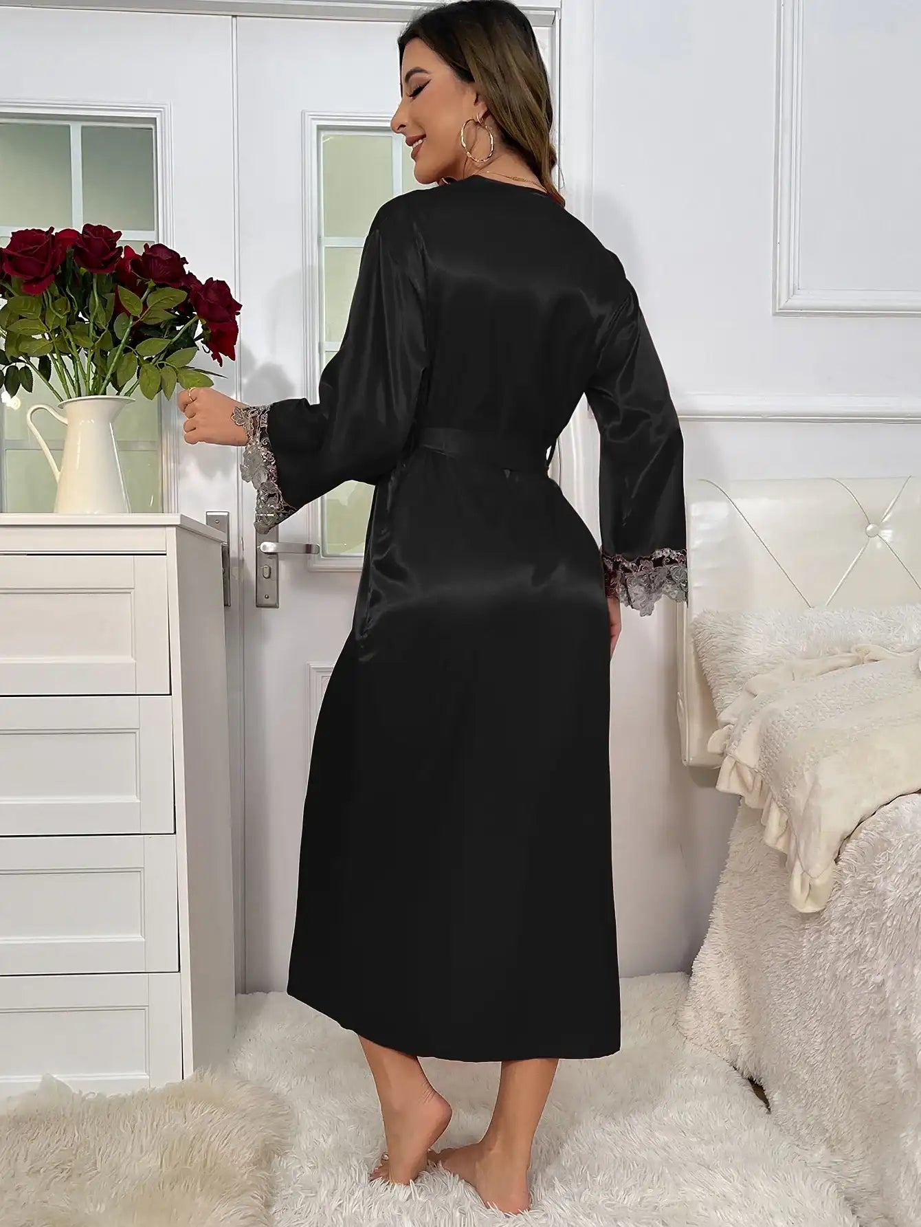 2cs Contrast Lace  Long Sleeve Belted Robe V Neck Slip Dress Sexy Elegant Women Pajamas  Sets