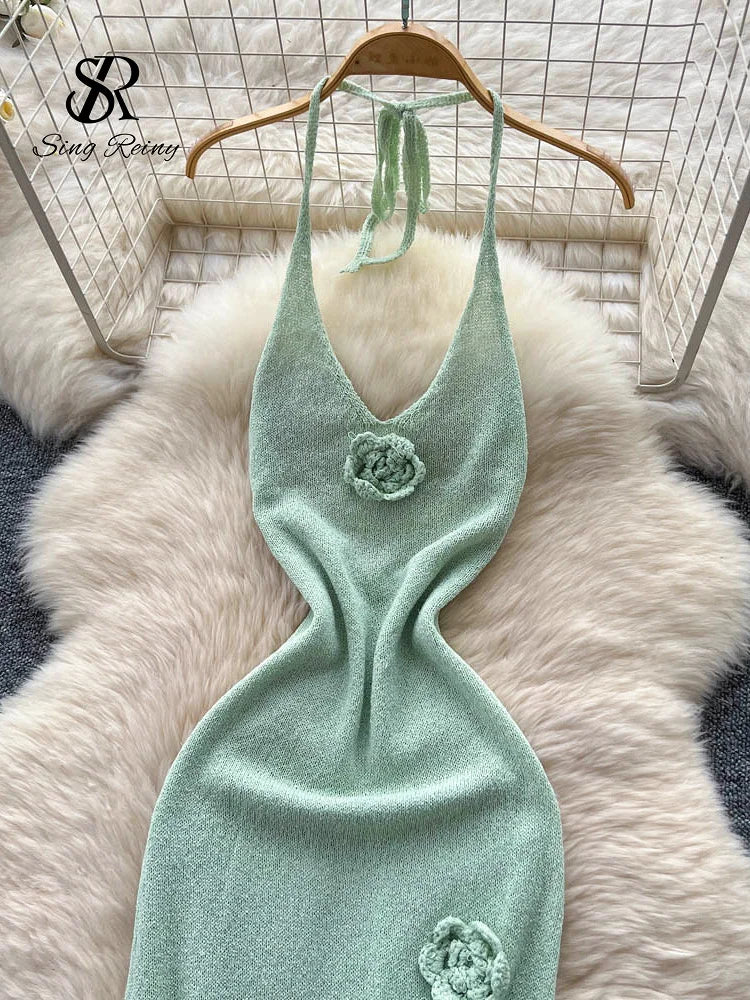 SINGREINY Halter 3D Floral Maxi Sundress Women Sleeveless Bodycon Elastic Beach Dress Vacation Knitted Split Sexy Long Dress