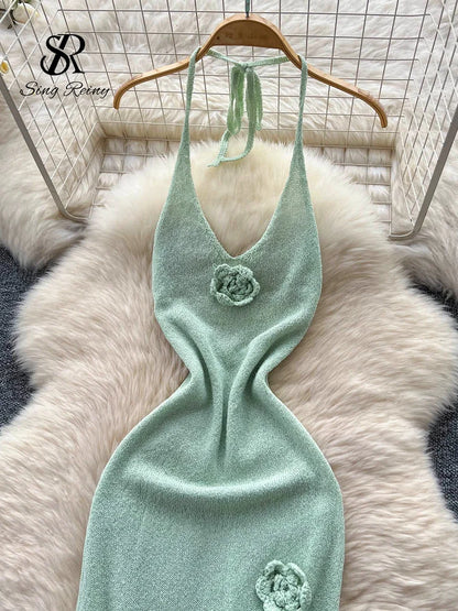 SINGREINY Halter 3D Floral Maxi Sundress Women Sleeveless Bodycon Elastic Beach Dress Vacation Knitted Split Sexy Long Dress