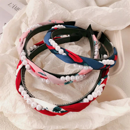 Women's Pearl Face Washband Anti-Slip Woven Headband High-End Feel Outing Hair Tie Pearl Hair Band Hair Accessories 3PCS