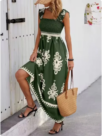 Summer Sleeveless Square Collar Printed Dress Women Suspender High Waist A Line Dresses Beach Vacation Robe