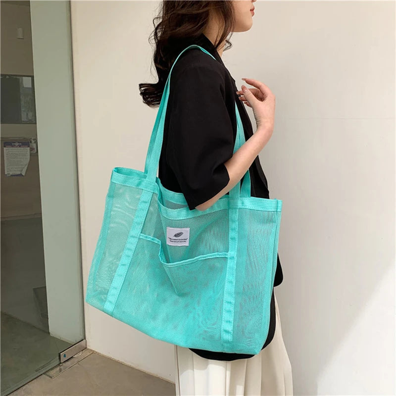 Women Transparent Mesh Shoulder Bag Fashionable Portable Shopping Travel Beach Mesh Net Tote Handbag