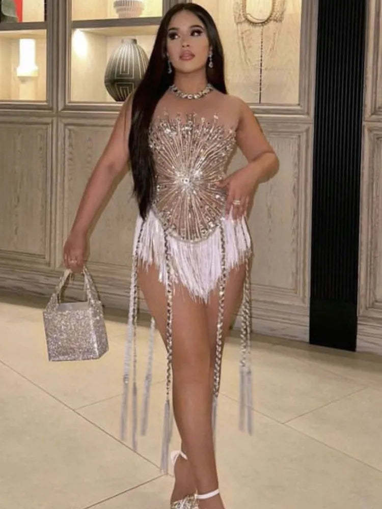 Sliver Sequins Shining Diamonds Long Tassel Sleeveless Mini Dress High Quality Evening Dress Woman Birthday Party Outfit