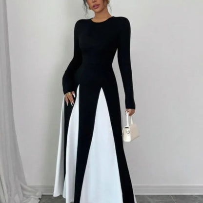 2025 Spring & Autumn Women's Long Sleeve Round Neck A Line Contrast Color Dress, Stylish Black & White Patchwork Long Dress