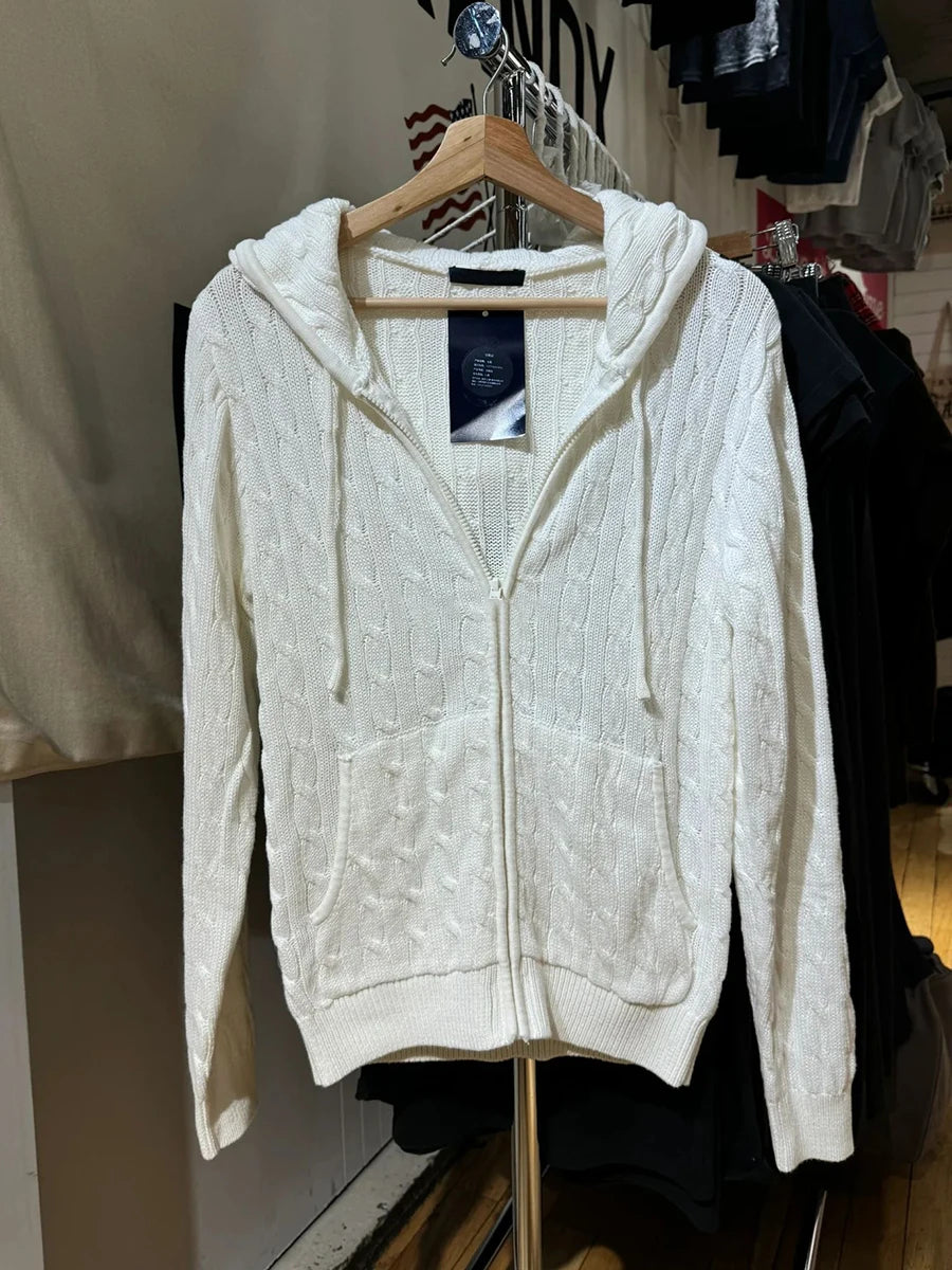 Twisted Flower Knitted Cardigan Sweater Women Autumn Long Sleeve Drawstring Hooded Zipper Streetwear Sweet Sweaters Coat Y2K Top White One Size