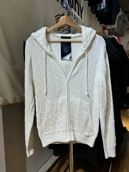 Twisted Flower Knitted Cardigan Sweater Women Autumn Long Sleeve Drawstring Hooded Zipper Streetwear Sweet Sweaters Coat Y2K Top White One Size