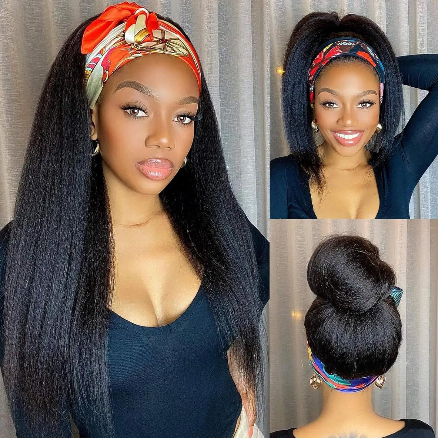 Kinky Straight Headband Synthetic Wig for Women Yaki Straight Wigs with Black Headband Hair Easy to Style No Lace Front No Glue Natural Color