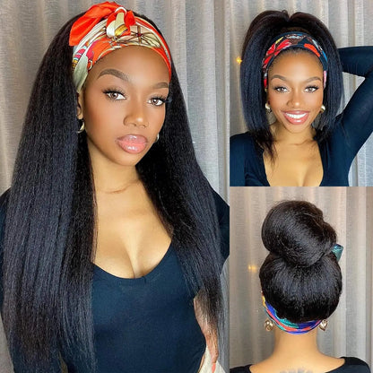 Kinky Straight Headband Synthetic Wig for Women Yaki Straight Wigs with Black Headband Hair Easy to Style No Lace Front No Glue Natural Color