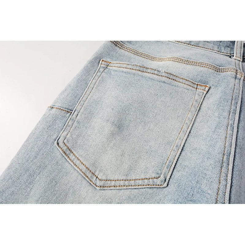 Men's American High Street Fashion Distressed Washed Classical Blue Damaged Holes Stretch Skinny Button Fly Jeans Pants