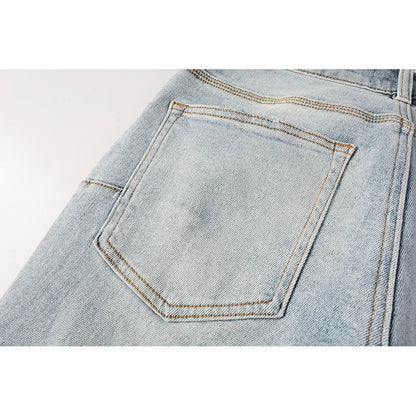 Men's American High Street Fashion Distressed Washed Classical Blue Damaged Holes Stretch Skinny Button Fly Jeans Pants