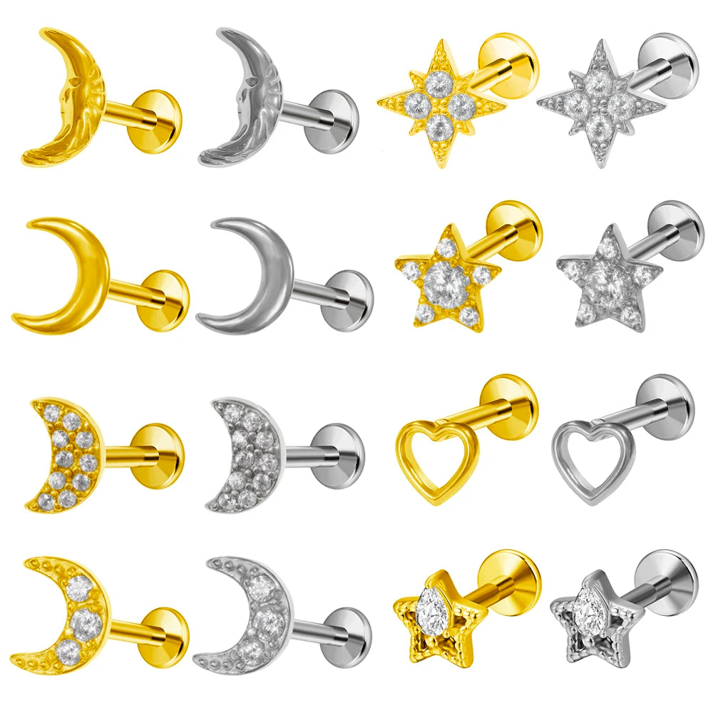 Moon Flat Back Earrings Star Labret Piercing Tragus Heart Internal Thread Cartilage Helix 100% 316L Stainless steel Body Jewelry Badiee Stylez