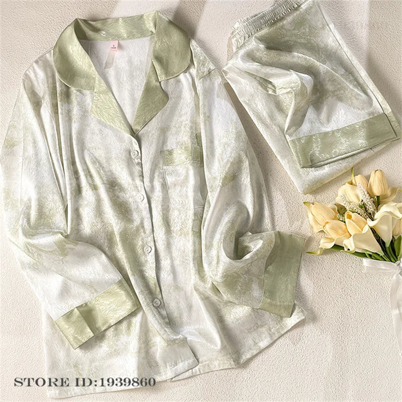 Women Long Sleeve Pajamas 2PCS Set Spring Summer New Sleepwear Loungewear Fashion Stripes Pyjama Pour Femme Loose Satin Homewear Green Pajamas 10