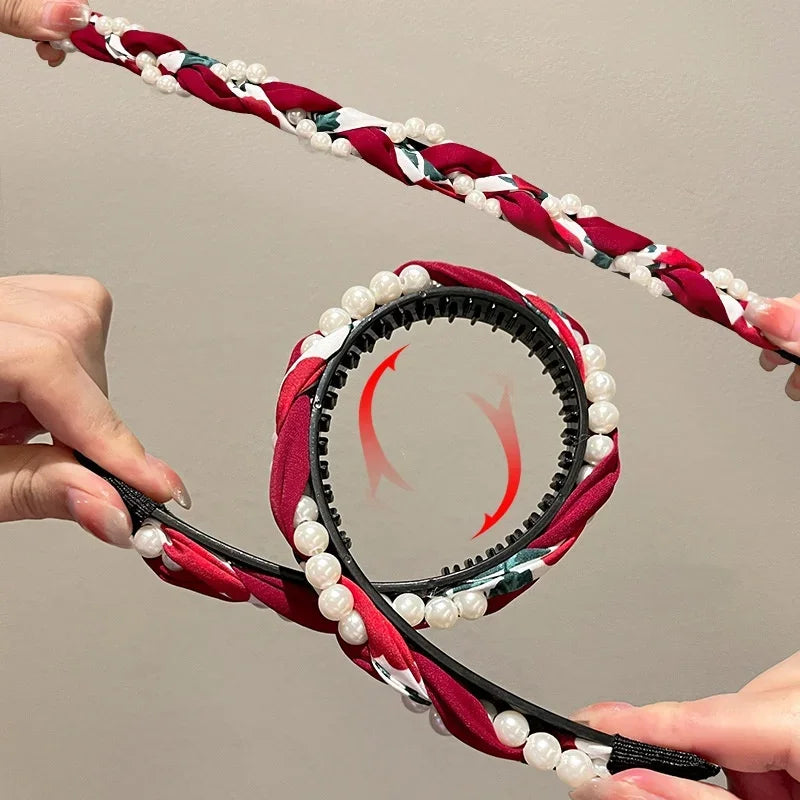 Women's Pearl Face Washband Anti-Slip Woven Headband High-End Feel Outing Hair Tie Pearl Hair Band Hair Accessories