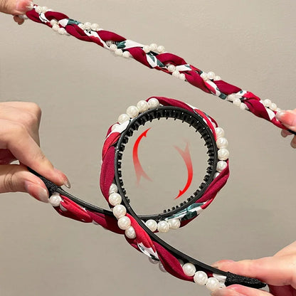 Women's Pearl Face Washband Anti-Slip Woven Headband High-End Feel Outing Hair Tie Pearl Hair Band Hair Accessories