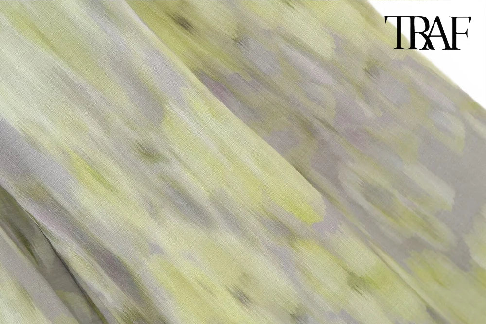 TRAF Women's single-breasted V-neck long-sleeved shirt Drawstring high-waisted wide-legged trousers Retro Printed Cotton Set