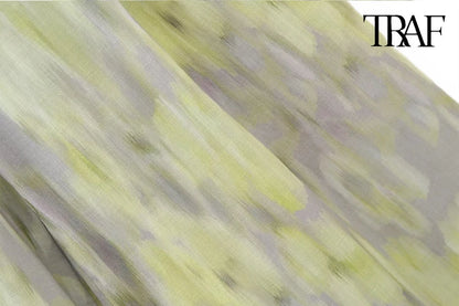 TRAF Women's single-breasted V-neck long-sleeved shirt Drawstring high-waisted wide-legged trousers Retro Printed Cotton Set