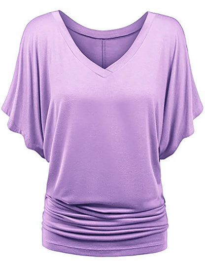 Women V Neck Short Sleeve Pleated Loose T-shirts Summer Lady Batwing Sleeve Oversized S-5XL Tee Shirt Tops OUYMFZ-A1375
