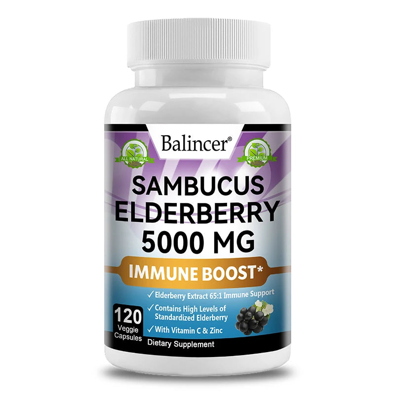 Elderberry - 5000 mg Per Serving, Vitamin C & Zinc, ImmunoBooster for Immune Support, Skin Health, 120 Veggie Capsules 120coumt United States