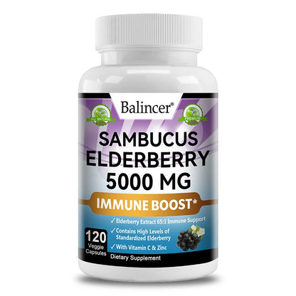 Elderberry - 5000 mg Per Serving, Vitamin C & Zinc, ImmunoBooster for Immune Support, Skin Health, 120 Veggie Capsules 120coumt United States