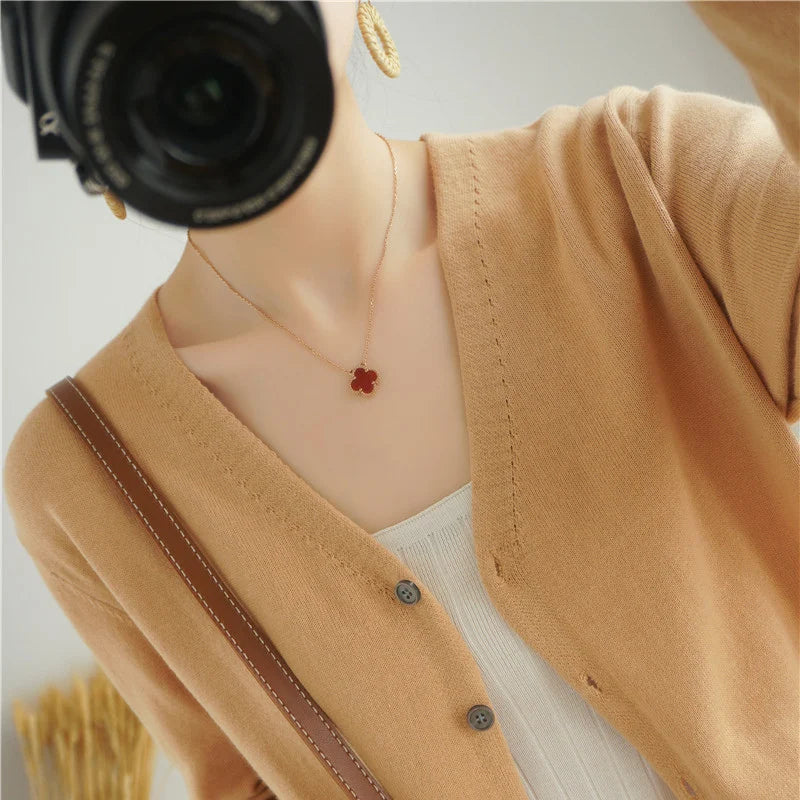 100% Cotton Line Long Sleeve V-Neck Knitted Cardigan Women Loose Short Solid Color Simple Sun Protection SMY K61 huang tuo