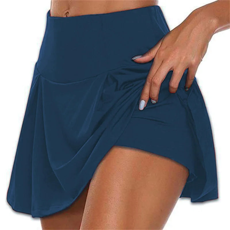 Summer Women Sprints Tennis Dance Fitness Short Skirts Quick Drying Solid Female Lining High Waist Mini Skirts Shorts DF4987 blue