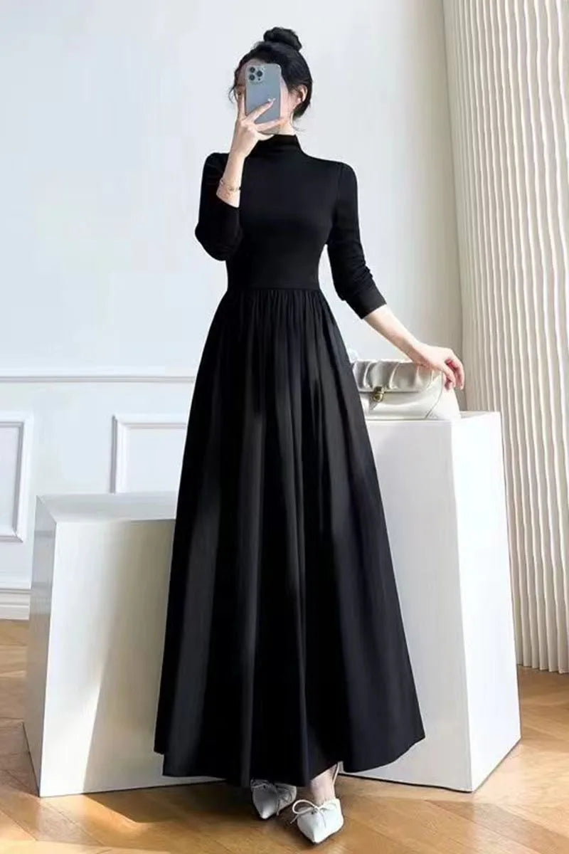 Lucyever French Style Black A-Line Dresses Women Elegant High Waist Long Sleeve Midi Dress Autumn Winter Slim Fit Maxi Dress Badiee Stylez