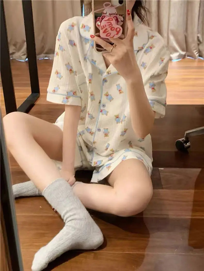 Cute Girl's Summer Cotton Linen ort Sve Nightgown Home Clothes Set Bear Print Gauze Spwear Simple Home Sle