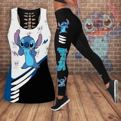 2024 Disney Stitch Women's Hollow Tanktop Yoga Set Summer Fitness Leggings Tracksuit Disney Cutout Tank Top Leggings Set 8