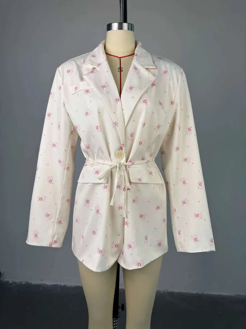 Women's Flower Printed Loose Suit 2025 Spring/Summer New Fashion Collar Belted Waist - Cinching Suit Jacket