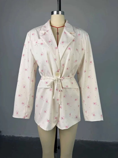Women's Flower Printed Loose Suit 2025 Spring/Summer New Fashion Collar Belted Waist - Cinching Suit Jacket