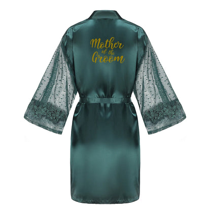 Green Bridesmaid Wedding Party Team Bride Robe With Gold Letters Lace Mesh Sleeve Kimono Satin Pajamas Mother Bathrobe As the photo show 6