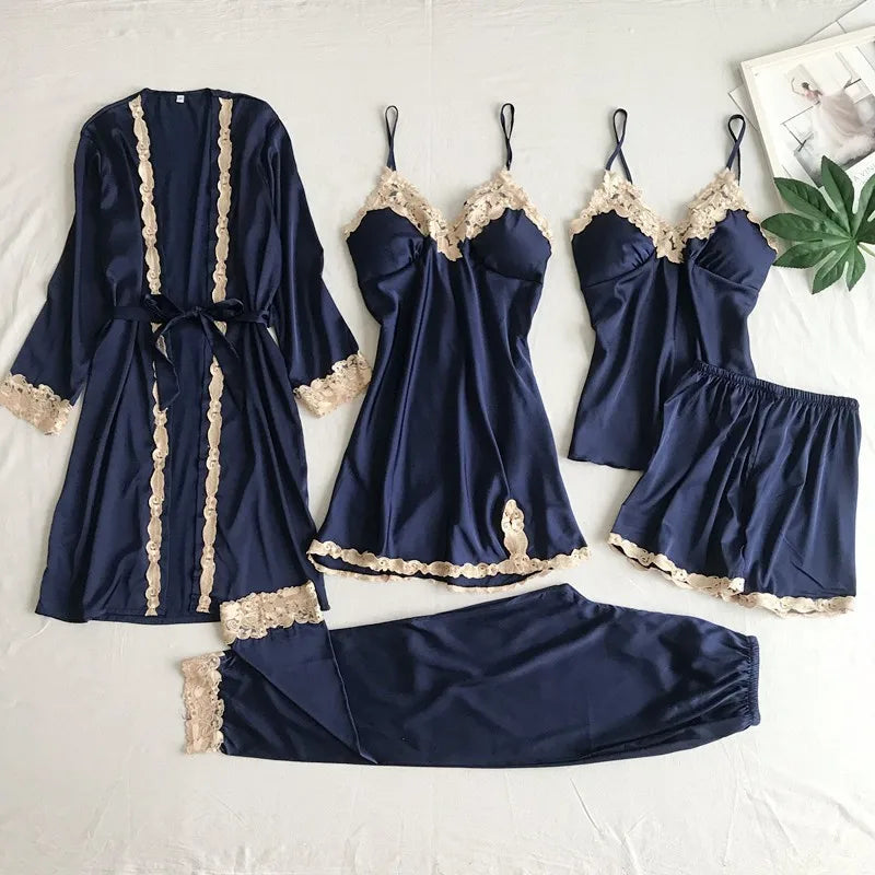 2025New Luxury Satin Pajama Set 5 Pcs Women's Silky Sleepwear Lace Trim Robe Nightgown Cami Shorts Pants Elegant Loungewear Hot navy blue