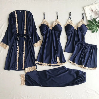2025New Luxury Satin Pajama Set 5 Pcs Women's Silky Sleepwear Lace Trim Robe Nightgown Cami Shorts Pants Elegant Loungewear Hot navy blue