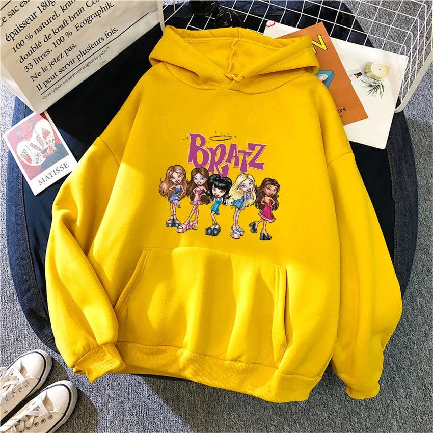 Bratz Letter Printed Plus Size Woman Hooded Sweatshirt Women Hoodie Hip Hop Long Sleeve Streetwear Unisex Male Clothes Tops yellow 1599
