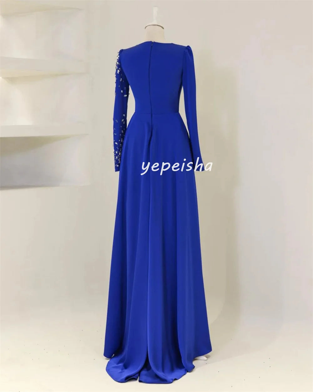 Customized Intricate Unisex Jersey Beading Sequined Draped Straight High Collar Long Dresses Bespoke Occasion Dresses Exquisite Badiee Stylez