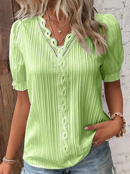 Sexy V Neck Patchwork Blouse Shirts Summer Female Short Lantern Sleeve Holiday Loose Blouse Tops SZE-ST23053