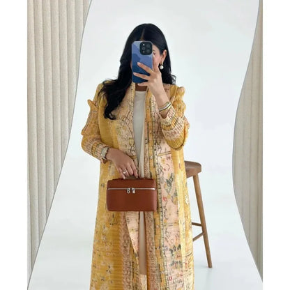 Abaya Ethnic Style Printed Pleated Coat Cape Shawl 2024 Spring/summer Big Collar Lace Up Cardigan Top Long Windbreaker Robe