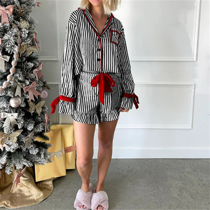 Striped Loungewear Christmas Pajamas Shorts Set Women Y2k Cute Bow Tie Pjs Button Up Shirt+Ruffle Shorts 2 Piece Sleepwear