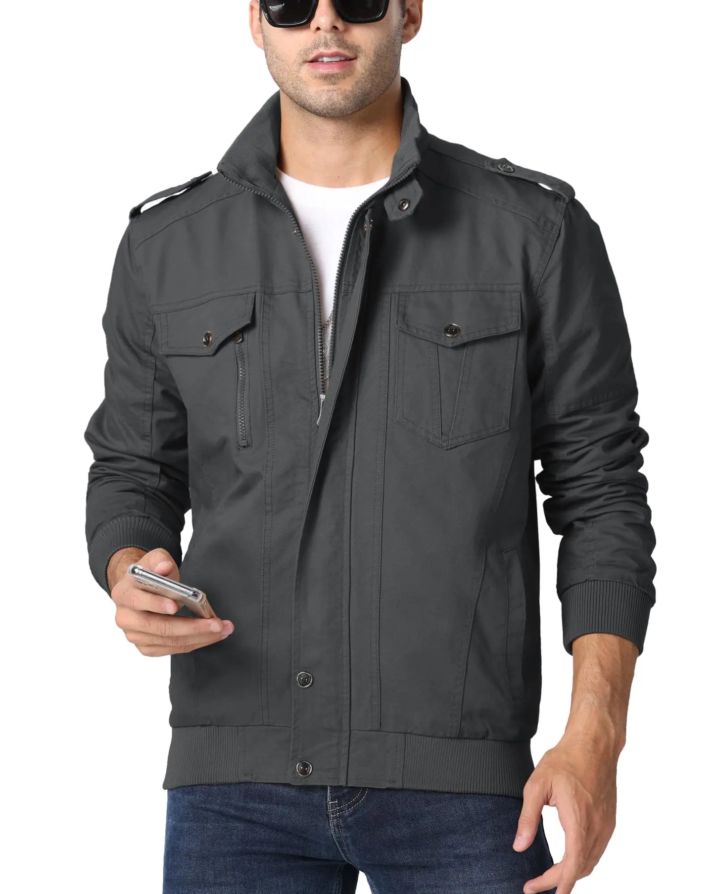 TACVASEN Full Zip Cargo Jacket Mens Retro Stand Collar Pilot Jacket Spring Autumn Lightweight Bomber Jacket Casual Outwear