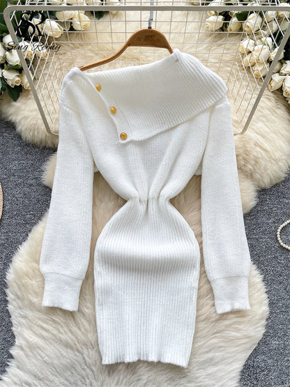 SINGREINY Autumn Knitwear Bodycon Dress Diagonal Collar High Elastic Slim Fit Design Female Light Luxury Solid Sweater Dress white One Size