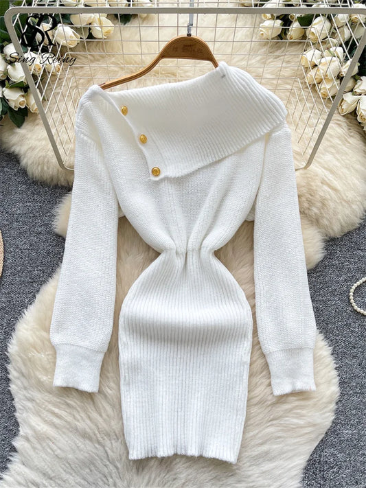 SINGREINY Autumn Knitwear Bodycon Dress Diagonal Collar High Elastic Slim Fit Design Female Light Luxury Solid Sweater Dress white One Size