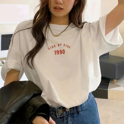 Summer Cotton Casual T-shirt Korean 1990 Shoulder To Shoulder Fashion Cotton Printed T-shirt Loose Streetwear Women's Tops A