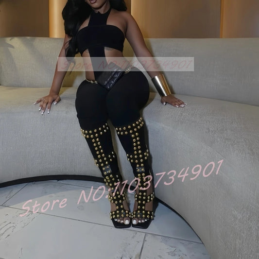 Gold Dome Studs Sandals Women Party Gladiator Open Toe Belt Buckle Zipper Knee High Shoes Female Sexy Black High Heels Sandals