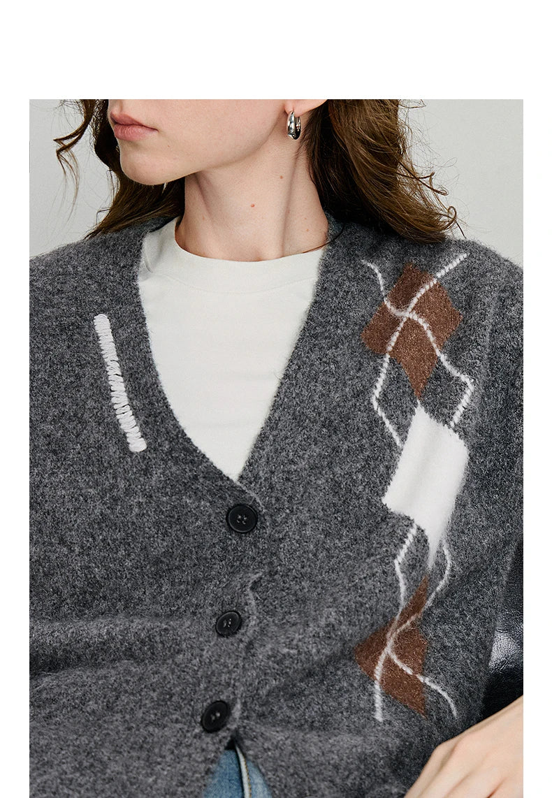 TOYOUTH Women Knitted Sweater 2025 Autumn New Grid Pattern V Neck Single Breasted Button Knitted Cardigan Coat Gray