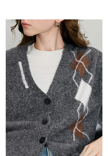 TOYOUTH Women Knitted Sweater 2025 Autumn New Grid Pattern V Neck Single Breasted Button Knitted Cardigan Coat Gray