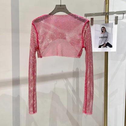 2023 new sexy bright diamond short top Slim thin Ms. hot drill long-sleeved T-shirt sexy leak waist nightclub Rose-Red One Size