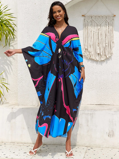 Plus Size Women Floral Print Kaftan Dresses Plus Size Swimsuit Coverup Summer Bathing Suit Caftan Loungewear Beach Dress 5DB245-16 One Size