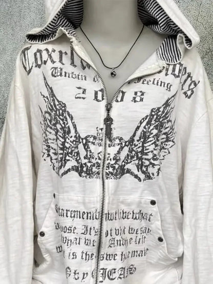 American Retro Printed Zipper Sweatshirt Women's Y2K New Harajuku Hip Hop Goth Casual Joker Long Sleeve Zipper Hoodie Streetwear